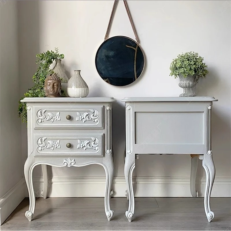 

French oak bedside table French retro old solid wood bedside table small apartment art carving