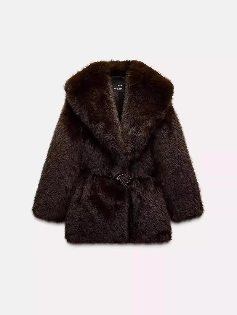 Herfst Winter Nieuwe Collectie Dames Nepbontkraag In-Taille Jas Ort Bovenkleding Polyestervezel Lange Sve Kleur