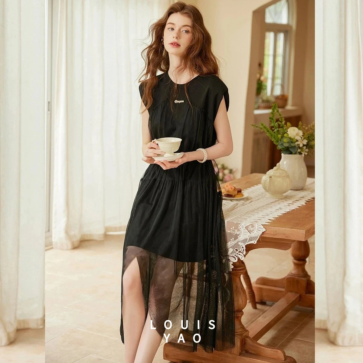 

Платье LOUISYAO с сетчатыми вставками и подплечниками, женское, лето 2025, длинное, слегка эластичное, миди, повседневное, для уличного стиля