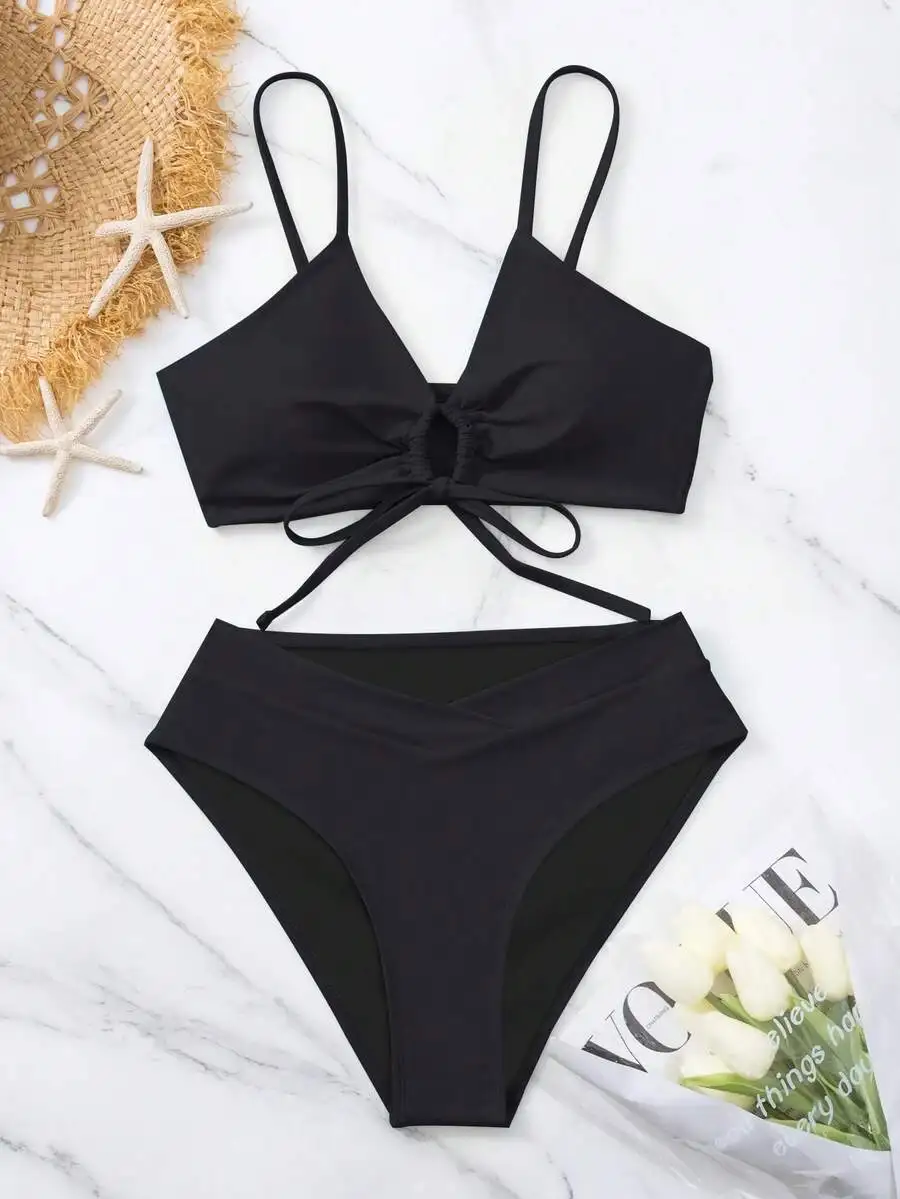 

Black Drawstring Front Bikini Set Plain Beach Swimwear Women Summer