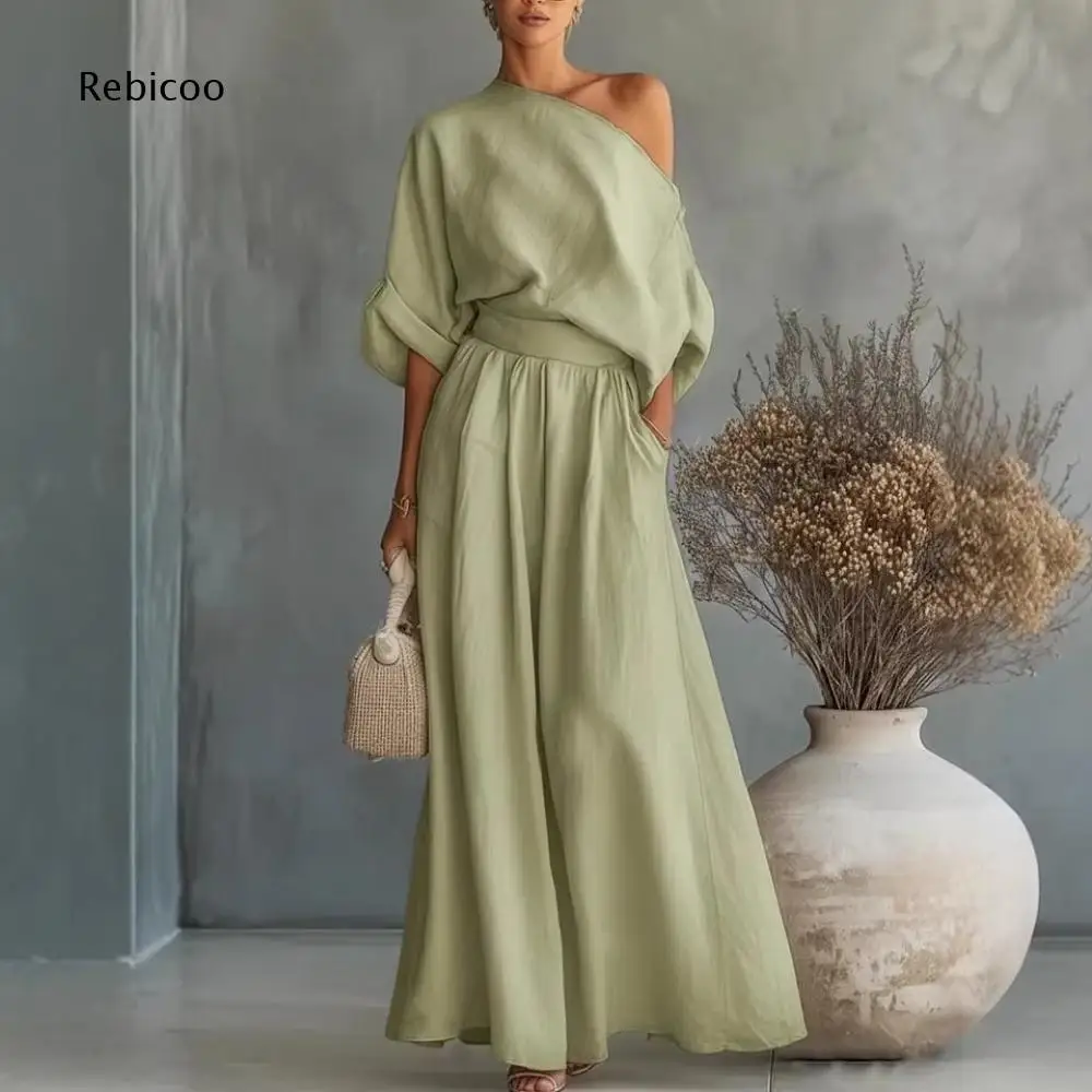 Womens Two Piece Suit One Shoulder Cold Shoulder Blouse Roll Up Sleeve High Waist Wide Leg Pants With Functional Pockets