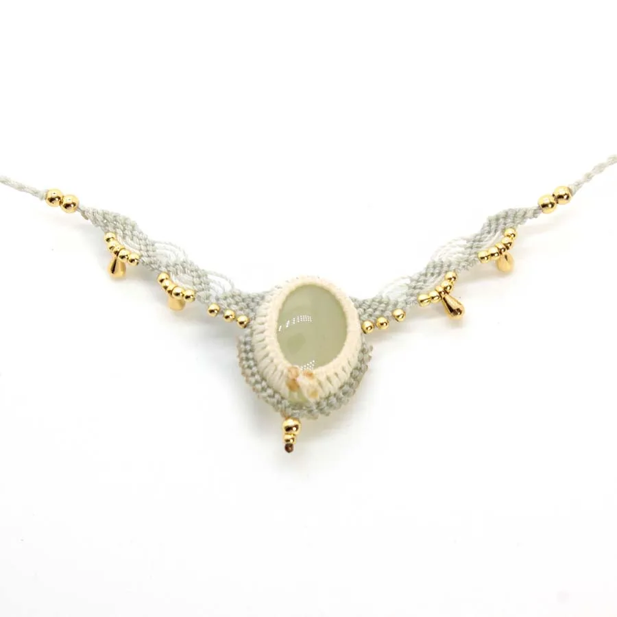 Handmade Rope Braided Macrame Pendant Necklace For Women Natural Prehnite Stone Oval Weave Adjustable Chain Necklace Jewelry