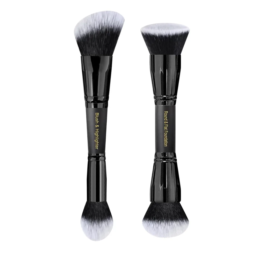 

Black Makeup Brushes 2Pcs Duo End Foundation Powder Brush Set, Blush & Highlighter Brush and Round & Flat Foundation Brush