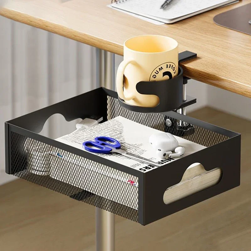 yesUnder-Desk Storage Rack with Cup Holder,Rotatable Table Edge,Punch-Free File Storage Basket,Office Stationery Storage Tray