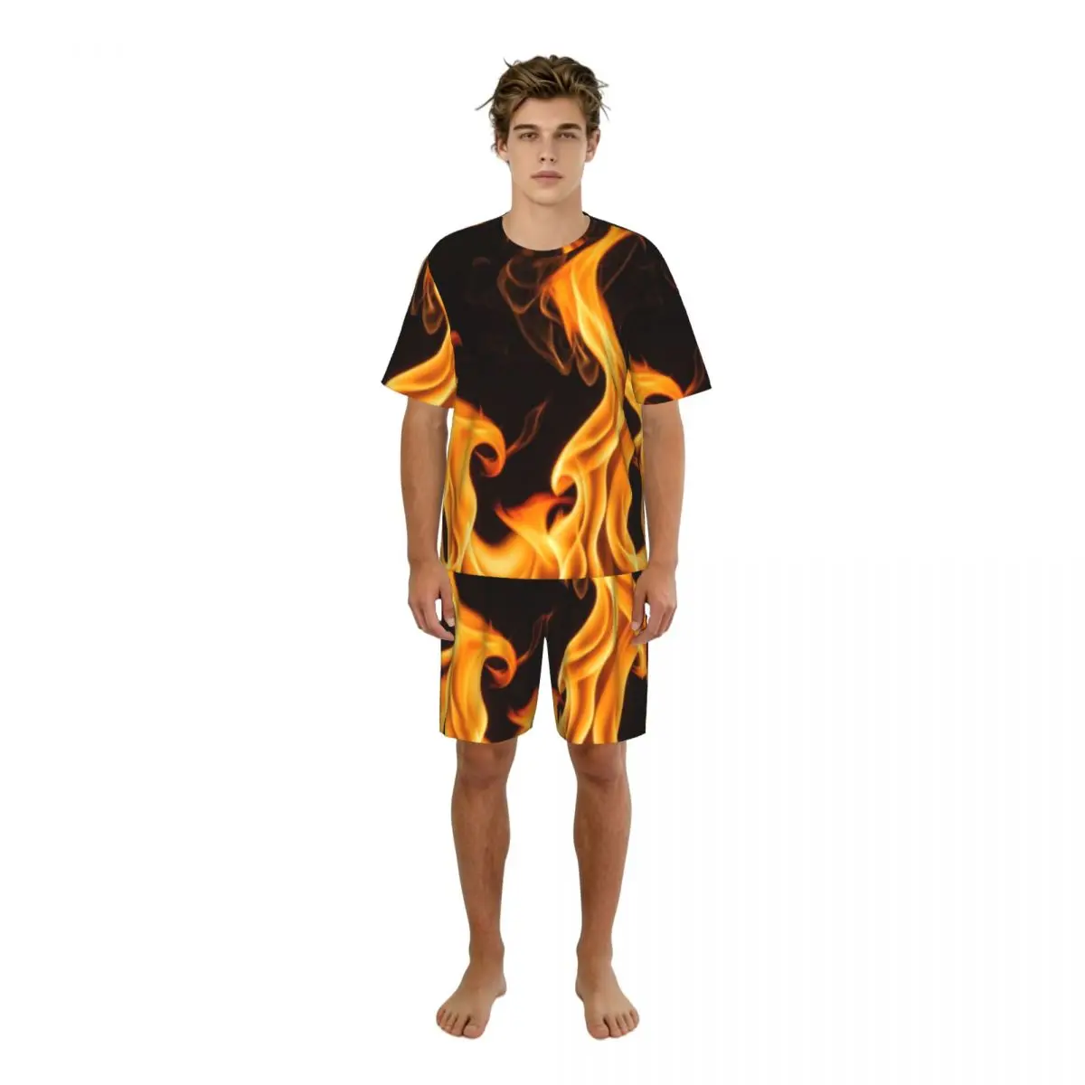 

Летний мужской пижамный комплект с текстурой огненных пламен, с коротким рукавом, для сна и дома, свободного кроя, ночная одежда
