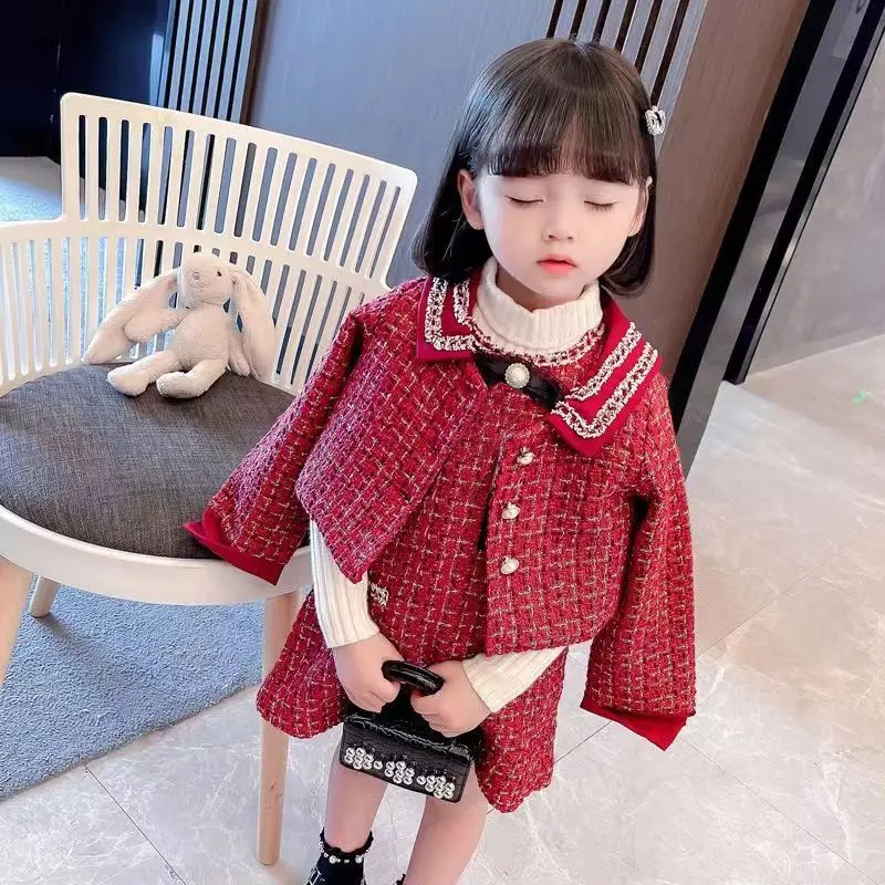 2023 Spring Girls Fashion Plaid 2pcs Suit Baby Kids Children Clothing Set Including Coat+ Skirt