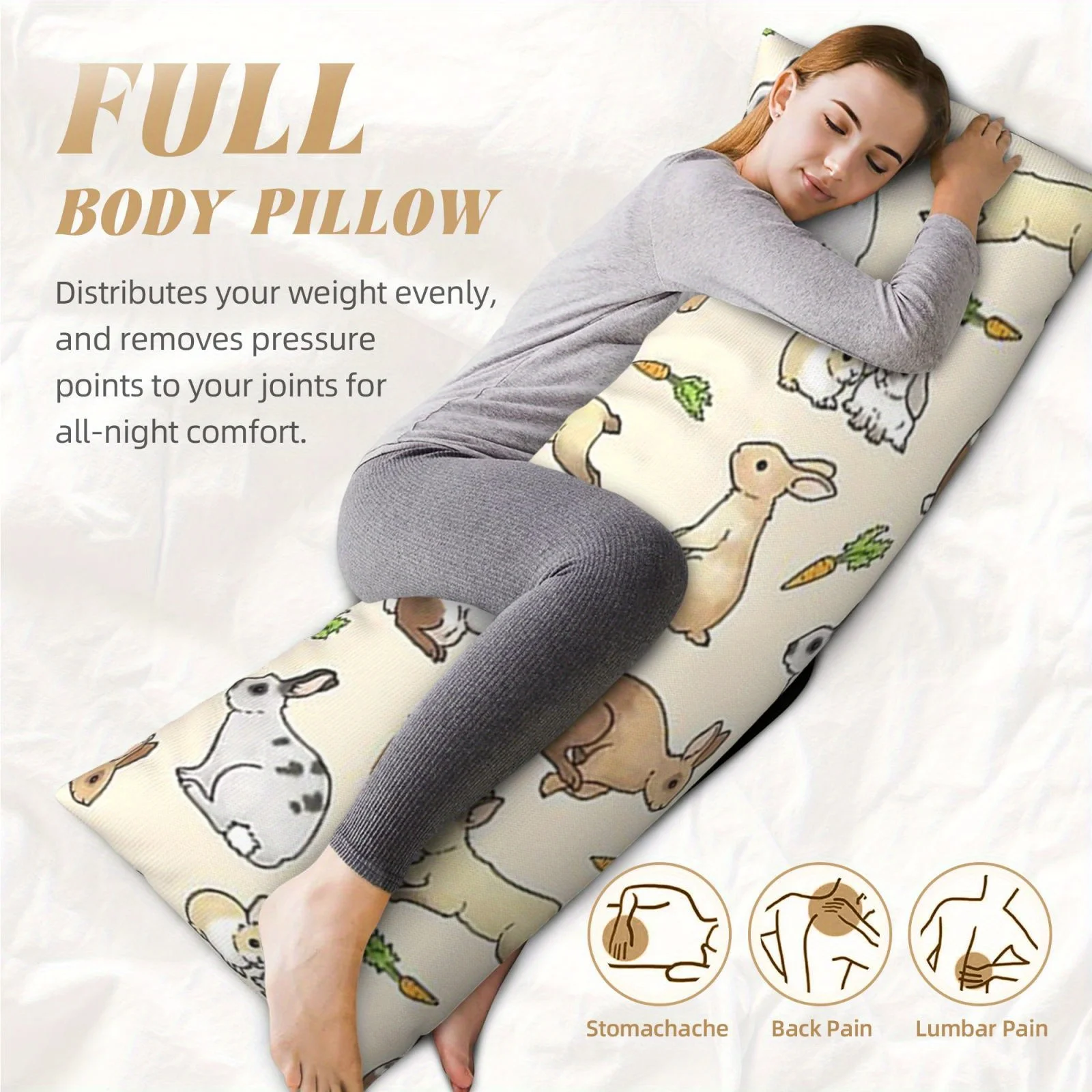 Ultra-Soft 20x54 Inch Body Pillowcase with Adorable Rabbit and Carrot Design - Breathable, Suitable for Side Sleepers, Back Slee
