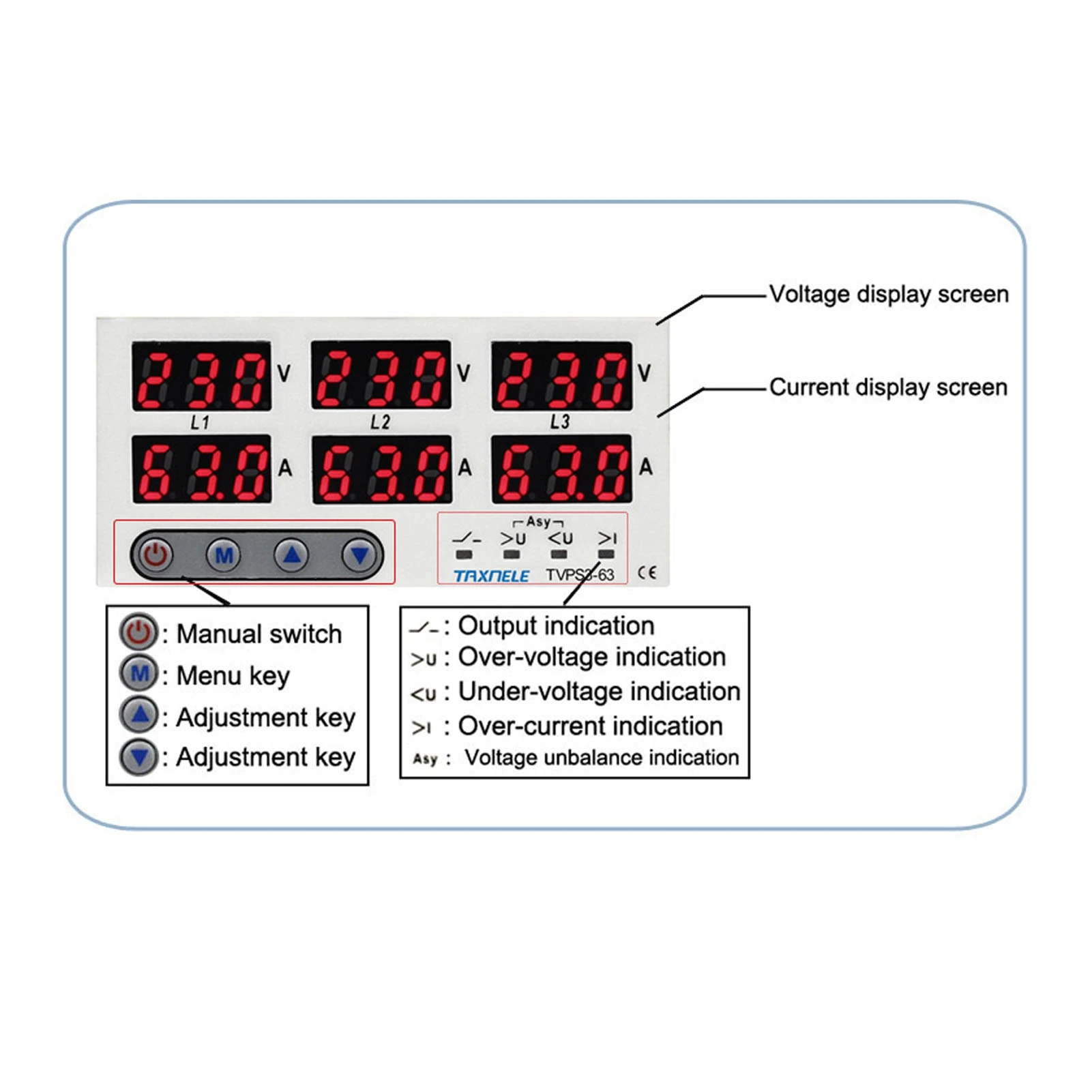 Voltage and Current Protector 3 Phase DIN Rail Voltmeter Ammeter Automatic Overvoltage Overcurrent Protector AC 390‑500V