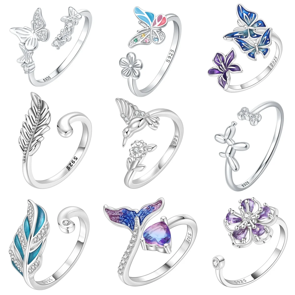 MISEFF S925 Sterling Silver Lucky Feather Butterfly Hummingbird Fishtail Ring Open Adjustable Ring For Birthday Jewelry Gift