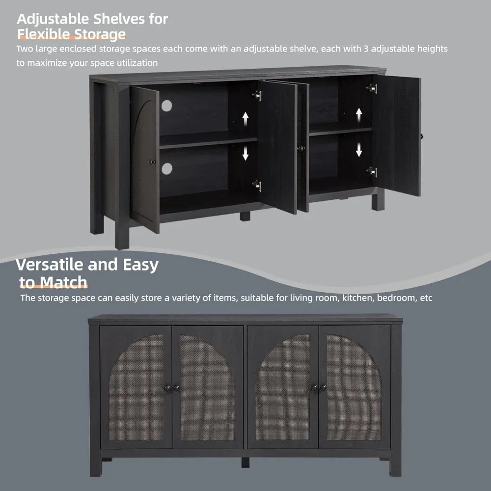 Sideboard Buffet Cabinet with Storage, 60inch Kitchen Buffet Table with Soft Closing Door Hinges, Rattan Coffee Bar Cabinet