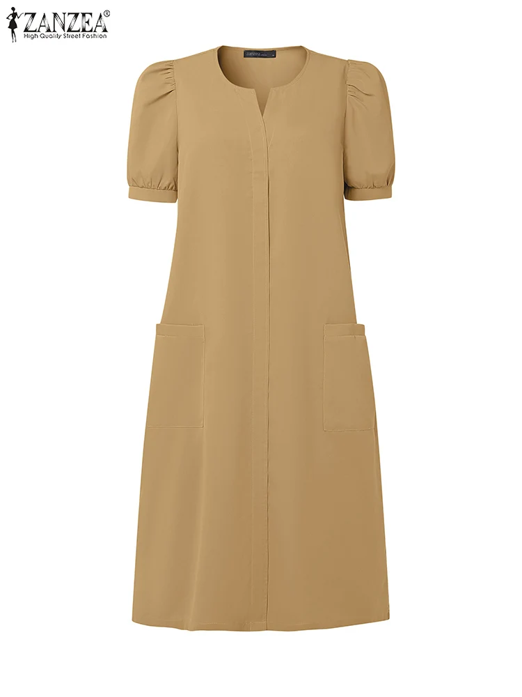 2025 zanzea elegante puff manga sólida vestidos de trabalho feminino vestido de verão elegante sólido festa vestidos com decote em v midi férias vestido de verão