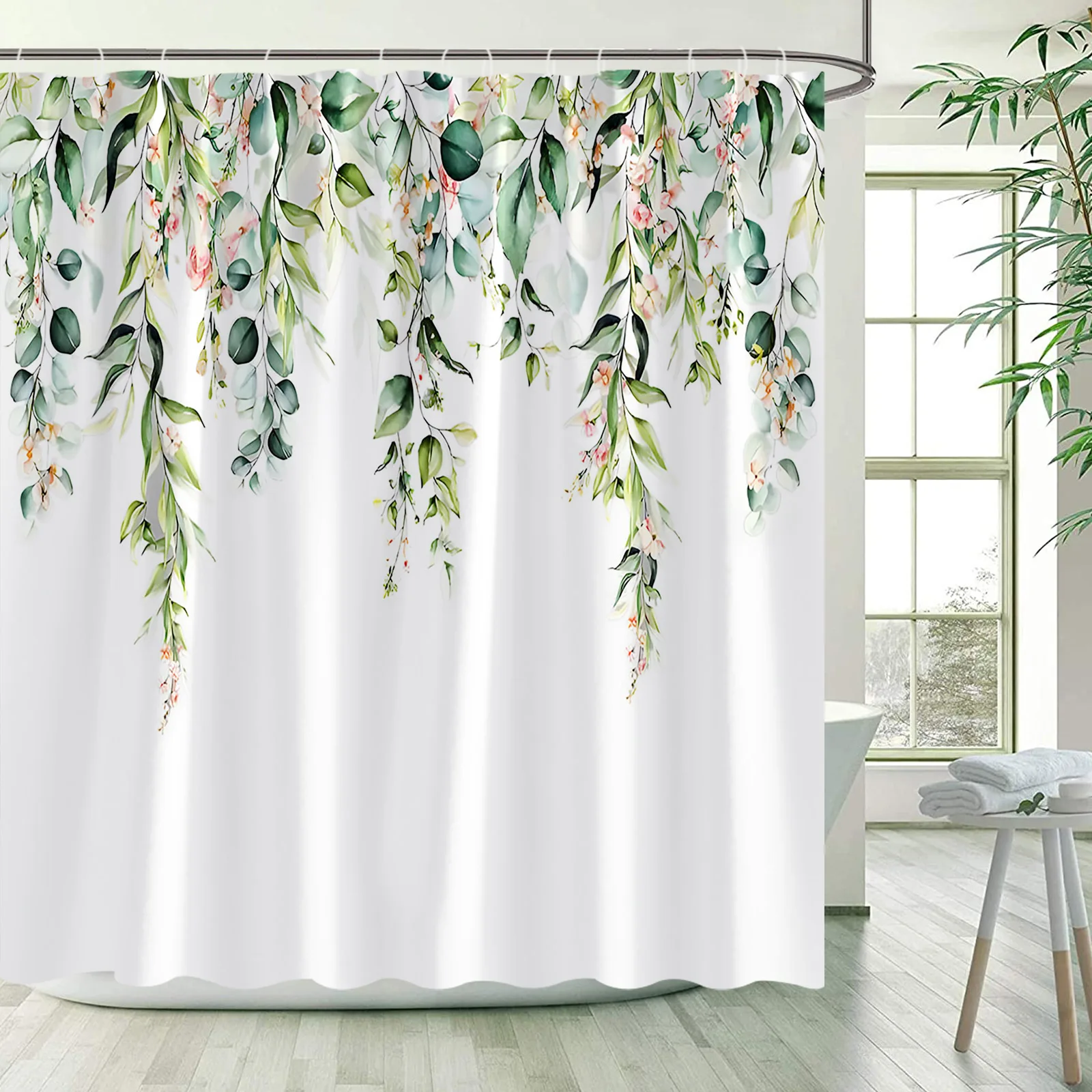 

Floral Shower Curtains Watercolour Flowers Plants Spring Vines Leaves Bath Curtain Polyester Fabric Bathroom Decor with Hooks