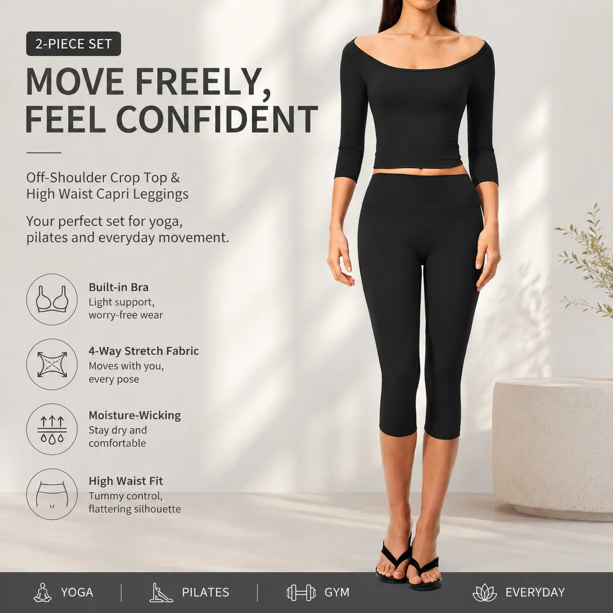 Women's Off-Shoulder 3/4 Sleeve Crop Top and High Waist Capri Leggings Set 2-Piece Yoga Workout Outfit with Built-in Bra for Gym