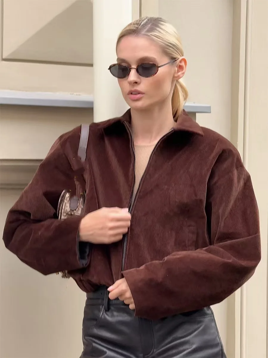 

Faionable Casual Loose Corduroy ort Jaet Women's Long Sve Zipper Closure Color Top for Middle-Aged Women