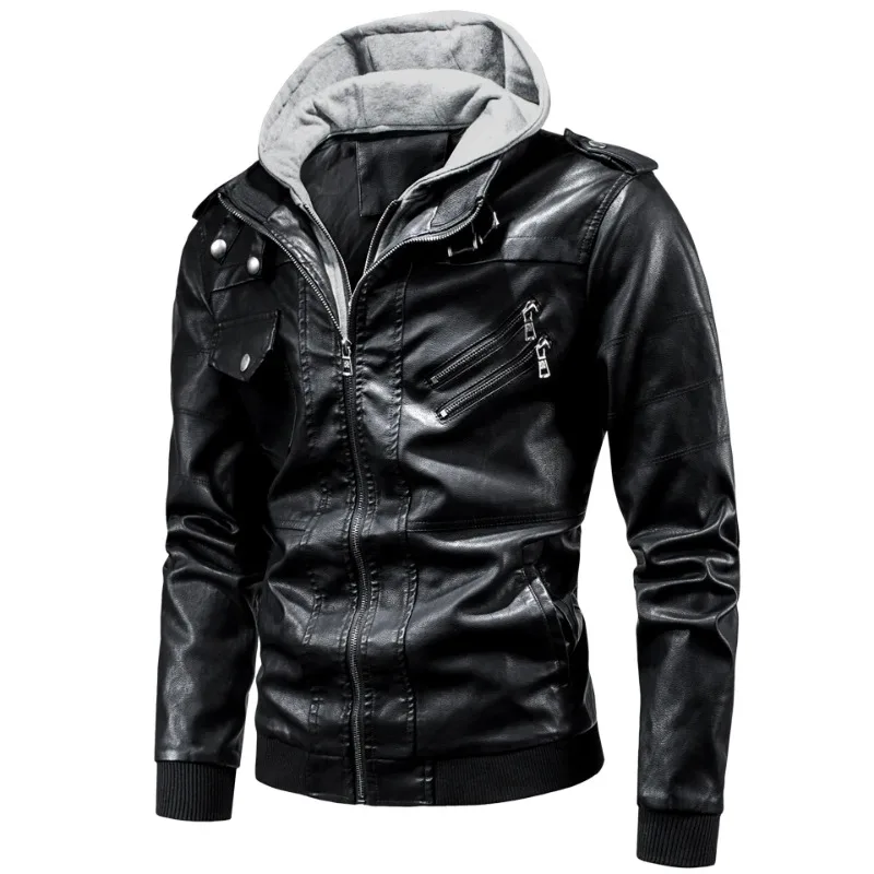 

Men 2020 Spring Casual Motor Hooded PU Leather Jackets Coat Men Autumn Outwear Fashion Punk Style Hat Leather Jacket Men