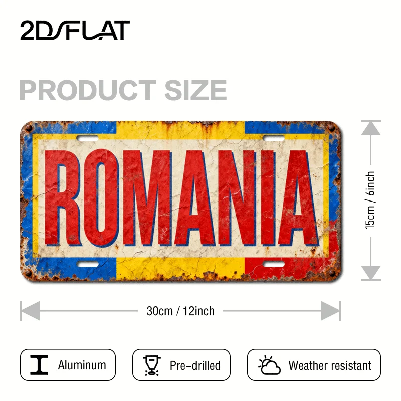 2D Flat, 1pc Decorative Plaque and Ornament, 2D Flat, 12x6 Inches, Romania (ROMANIA) Flag Themed Aluminum License Plate, for Dec