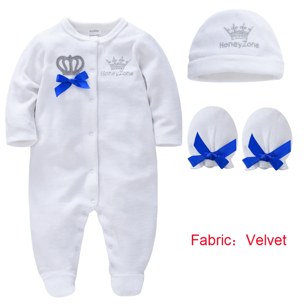 Honeyzone Baby Girls Rompers 3 Pcs/lot Gloves+Hat+Romper Crown Design Newborn Cotton Clothes 0-12M Boys Jumpsuit