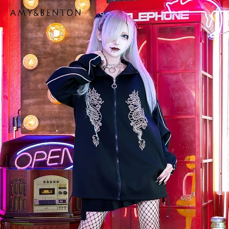

Japanese Harajuku Style Dark Print Sportswear Jacket Mine Series Mass-Produced Subculture Goth Stand Collar Zip Oversized Coat