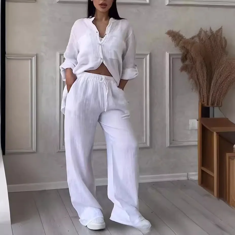Casual Cotton and Linen Solid Color Shirt Drawstring Wide-leg Pants Set 2025  Europe and America