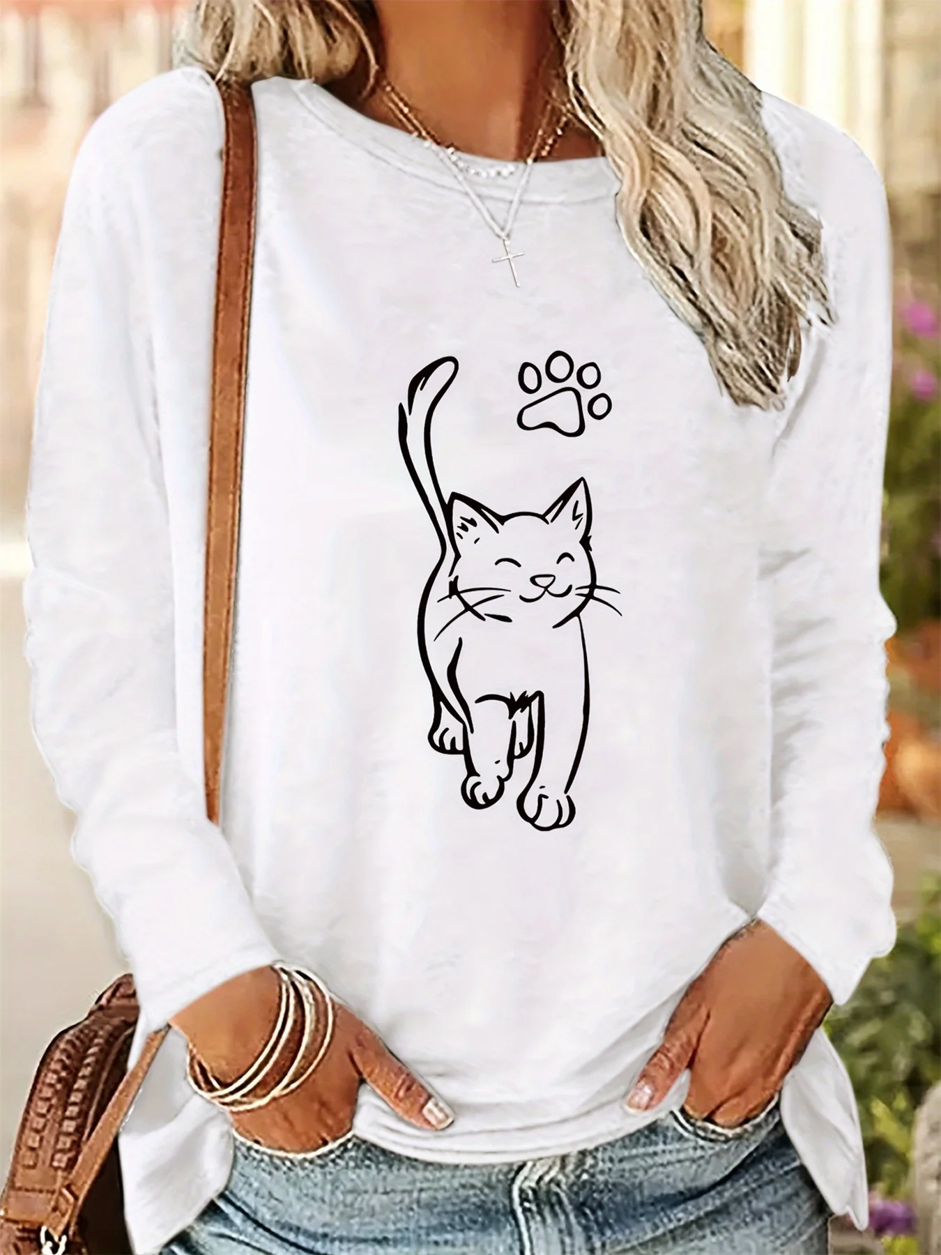 

Women's Spring and Autumn 100% Cotton Fashion Casual Loose Cat Pattern Printed Round Neck Long Sleeve T-shirt Top