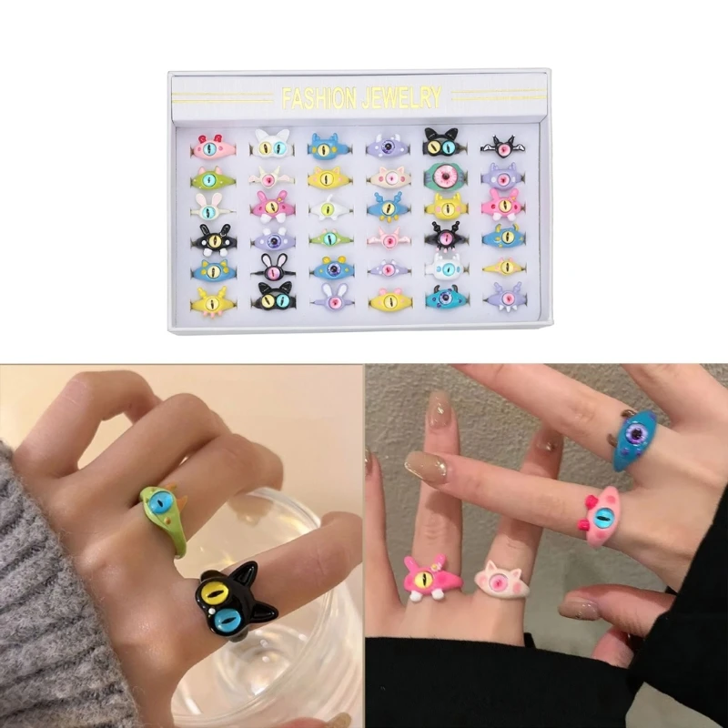 634C 36pcs Cartoon Monsters Open Finger Rings Fashion Adjustable Finger Joint Rings for Women Funny Big Eyes Rings Jewelry