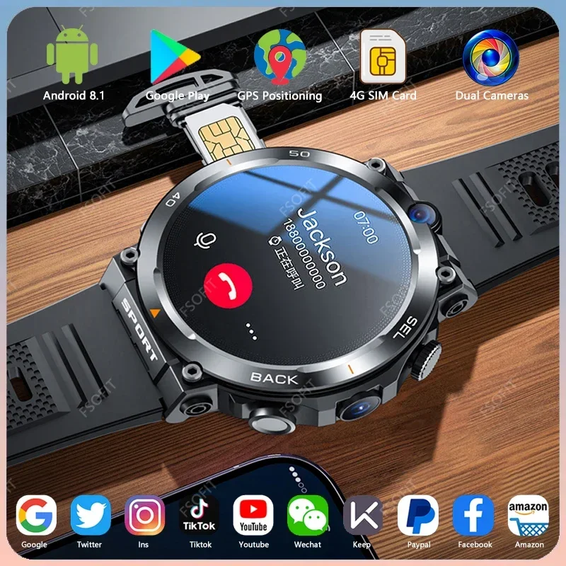 

2024 New 1.39-inch Smartwatch 4G Network Dual Camera GPS Wifi. NFC Rugged. 64G-ROM Google Play IP67 Waterproof. for Men & Women.