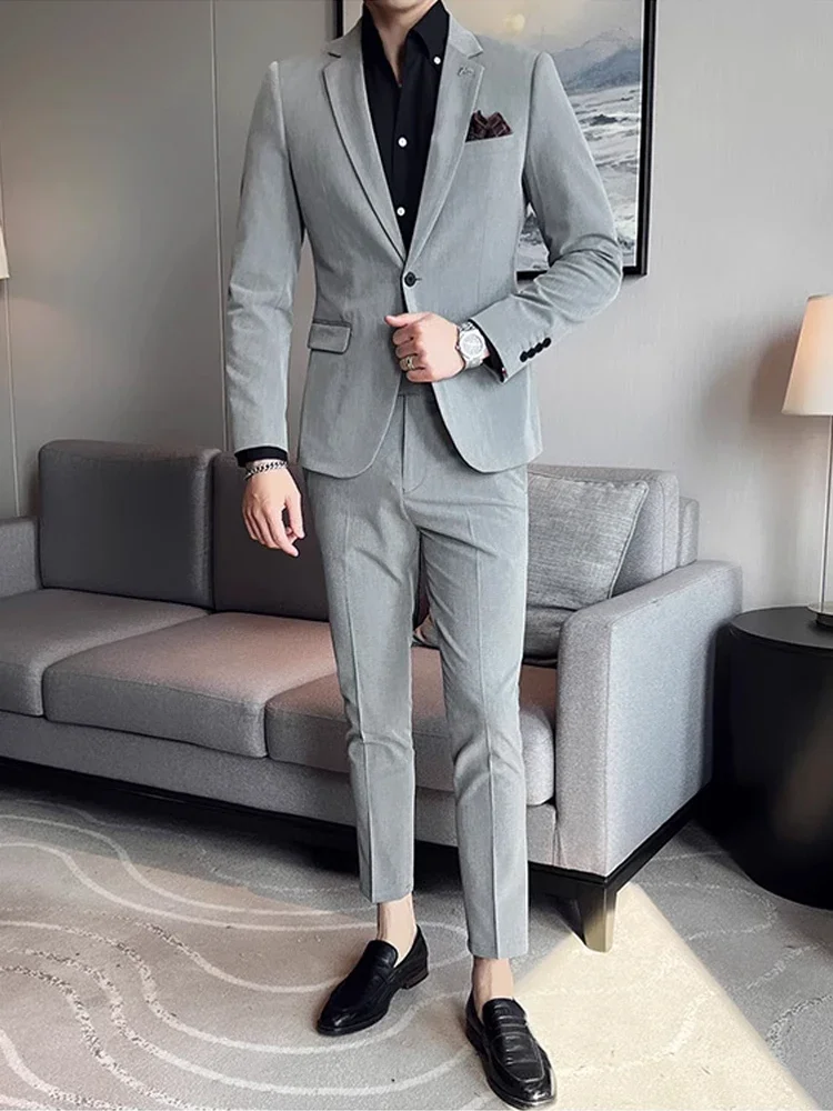 (Jacket + Pants) High End Brand Boutique Solid Color Mens Casual business office Suit Groom Wedding Dress Party Blazer Trousers