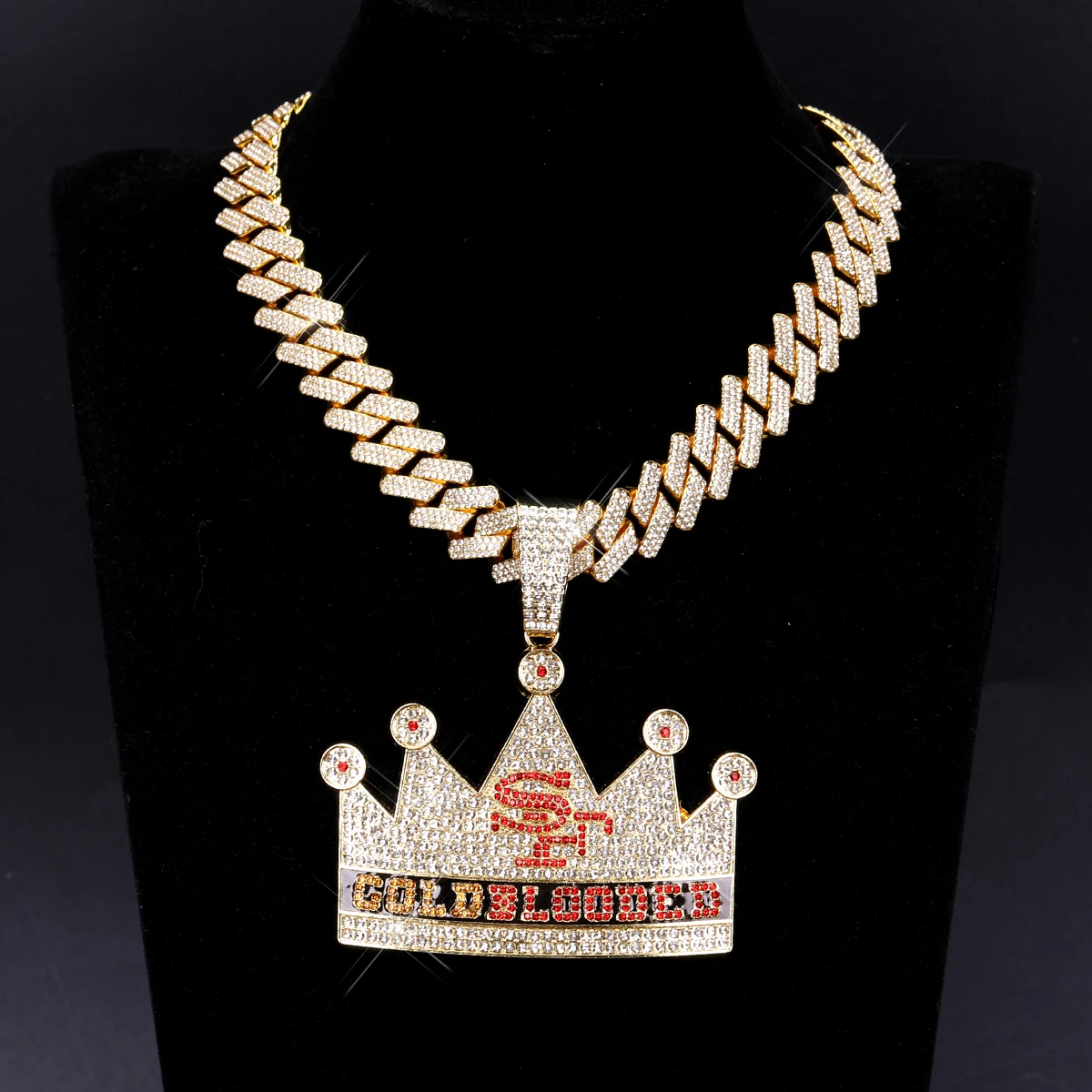 Big Crown Pendant Trendy Necklace, Giant Crown, Three Rows 18mm Wide Full Rhinestone Cuban Chain Pendant, Hip Hop Style