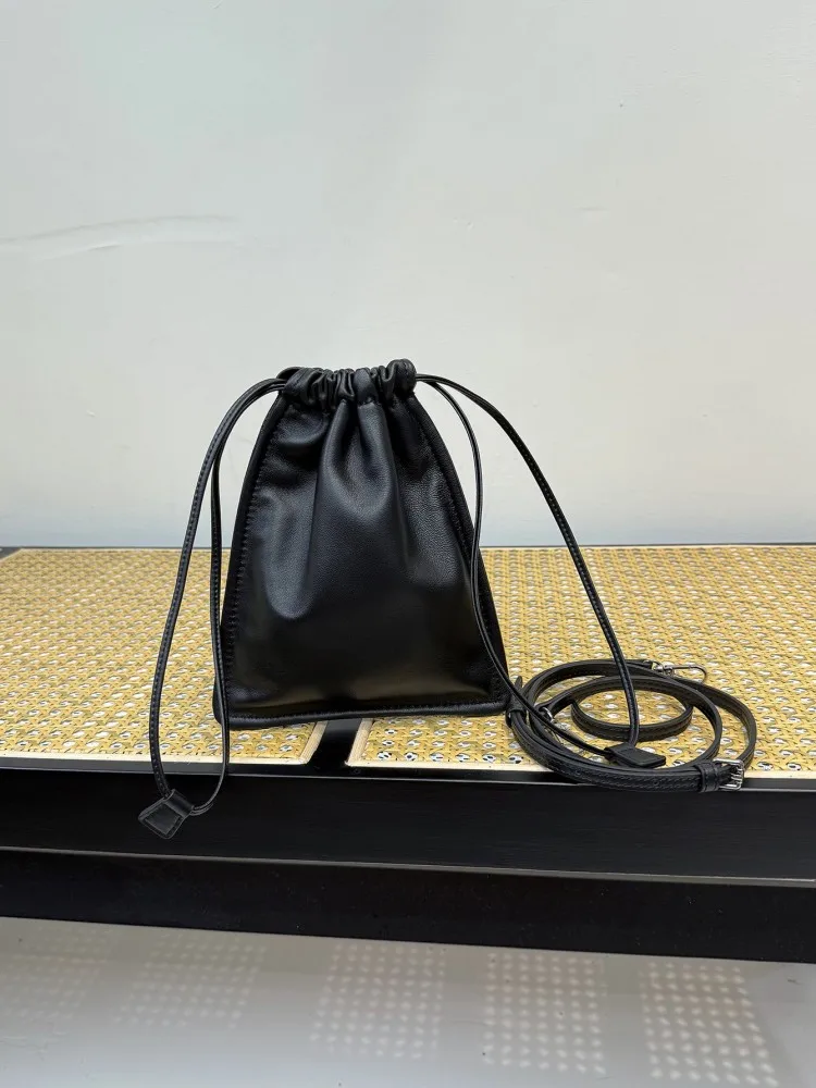 Women Casual Small Handbag Single Shoulder Bag Black Sheepskin Genuine Leather Crossbody Bags High Street Drawstring Phone Bag