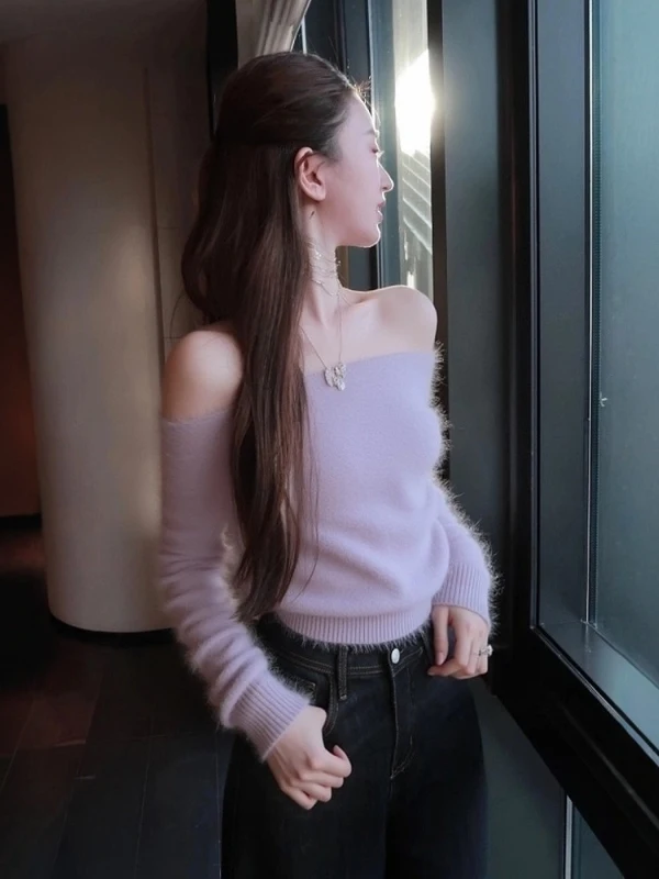 

Unique Beautiful Winter Sweater oulder Bared Soft Purple Lazy High End Korean Sle Women's Long Sve ort Length ...
