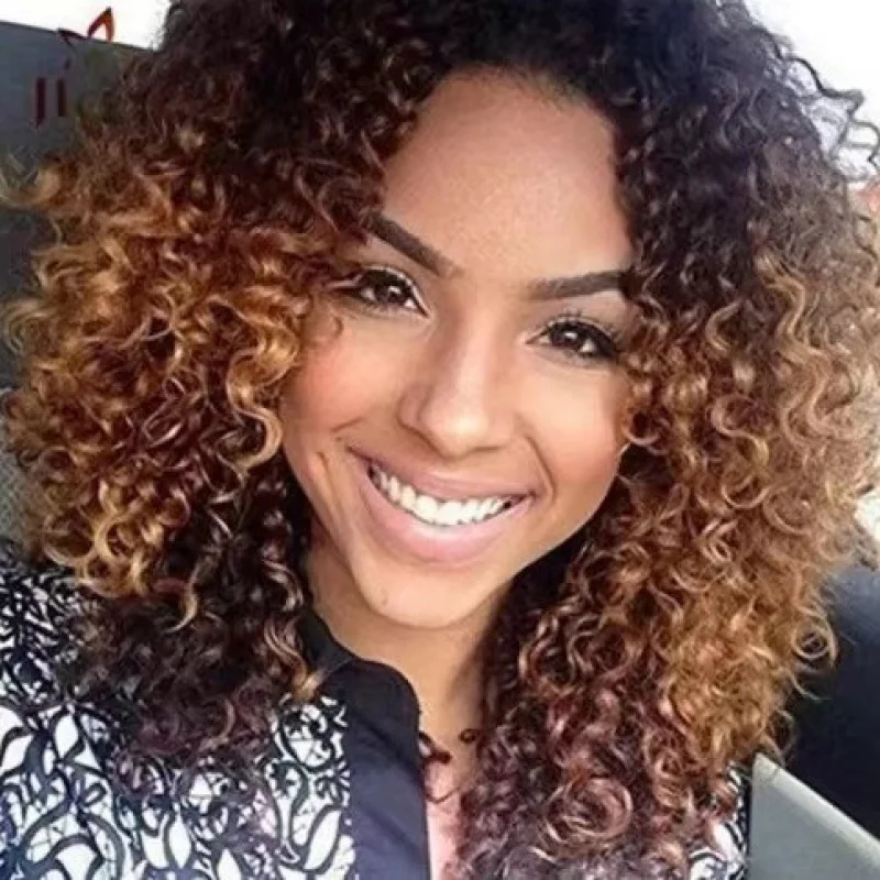 Wig with African-style small curls, brown high-temperature synthetic fiber headpiece