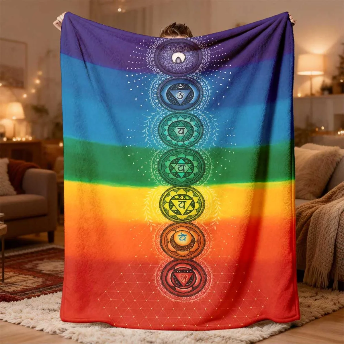 Large Rainbow Chakra Spiritual Yoga Om Symbol Throw Blanket Cozy Fleece Couch Decor 150x200cm