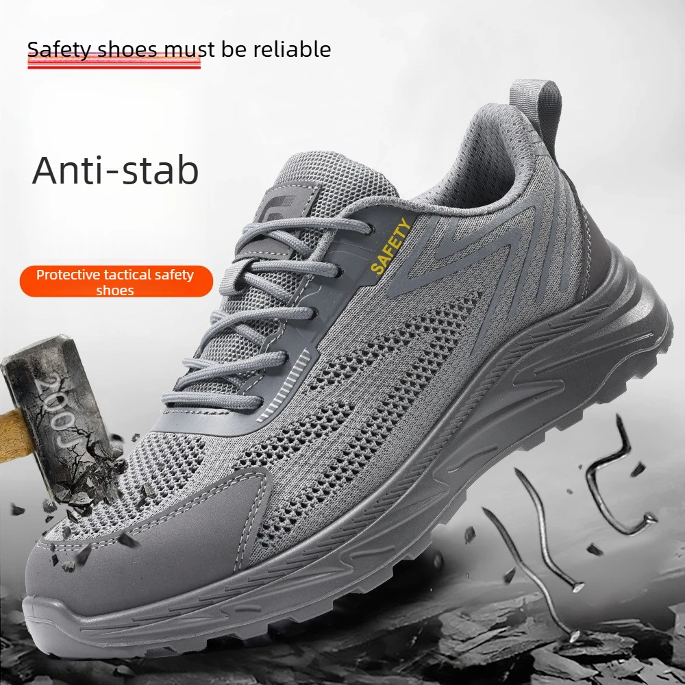 Sapatos de segurança em malha respirável com biqueira de aço, resistentes a perfurações, botas de trabalho protetoras e confortáveis para uso industrial._voghion.com