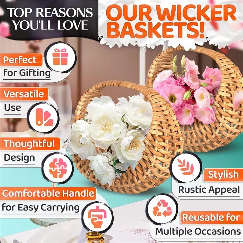 A88E-Small Flower Girl Basket Set Of 2-Waterproof Lining& Handle Wicker Baskets In Rustic Style For Wedding Flowers