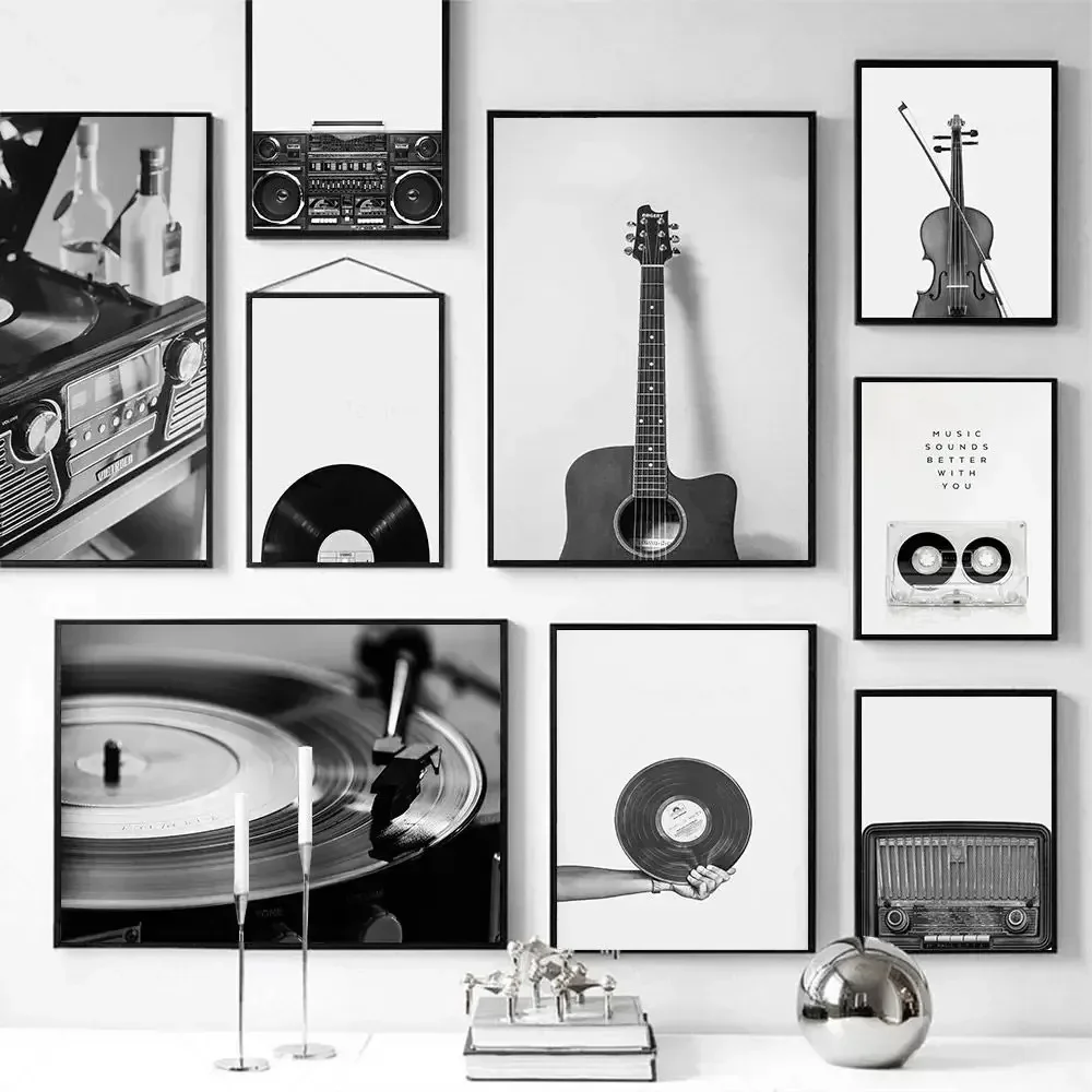 Modern Simple Wall Art Black and White Music Vinyl Guitar HD Canvas Print Poster Home Living Room Bedroom Decoration