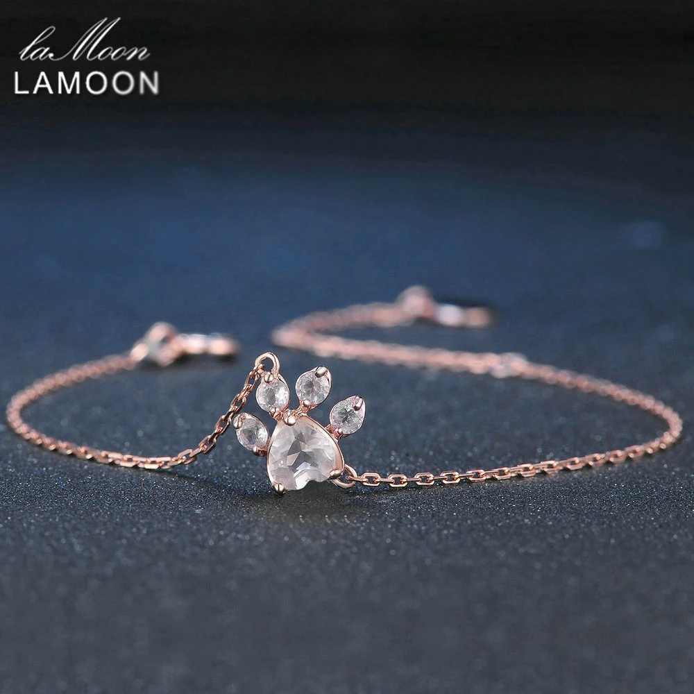 LAMOON Paw 5X5.5mm 100% naturalne serce różowa róża kwarcowy 925 srebro biżuteria różowe złoto łańcuch Charm bransoletka S925 LMHI005