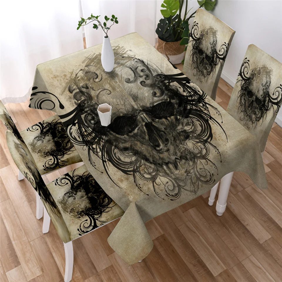 Black and White Gothic Skull Printing Rectangular Tablecloths for Table Party Decoration Waterproof Anti-stain Tablecloth Cover