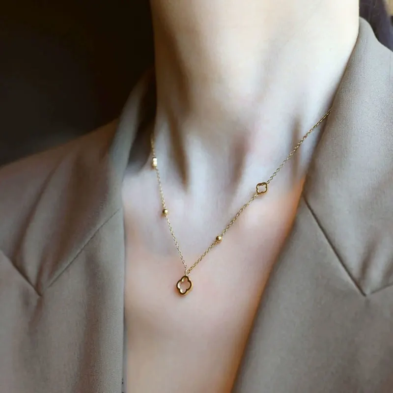 Stainless Steel Lucky Four Leaf Clover Necklace Bracelet for Women Girls Fashion Anti-rust Jewelry Neck Chain Party Gifts