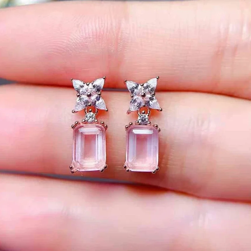 Cute 925 Silver Rose Quartz Stud Earrings 5mm*7mm 1.6ct Natural Quartz Earrings 18K Gold Plated Crystal Silver Jewelry