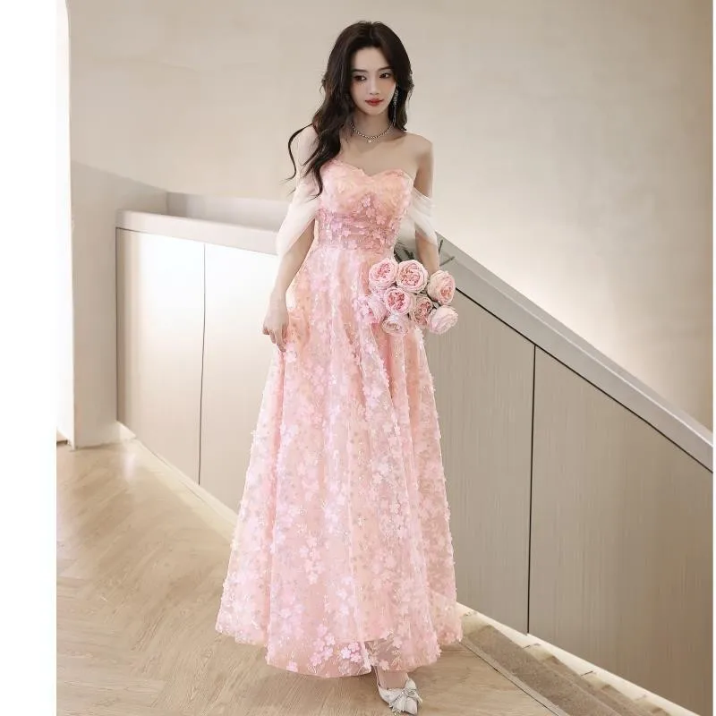 Elegant Party Dresses For Women New Off The Shoulder Pink Applique Fairy Prom Gown Sleeveless Flowers Long Evening Suknia Balowa