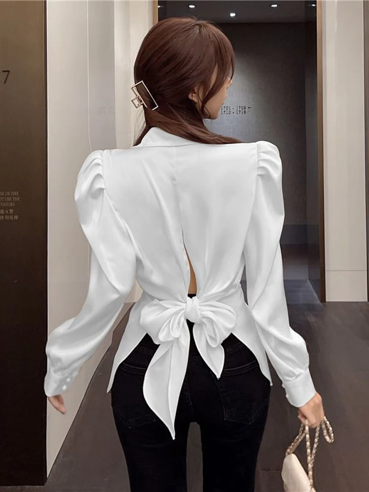 Zoki Women Back Bow Elegant Puff Sleeve Shirt Fashion Slim Office Lady Casual Blouse Korean Hollow Out Turn Down Collar Tops