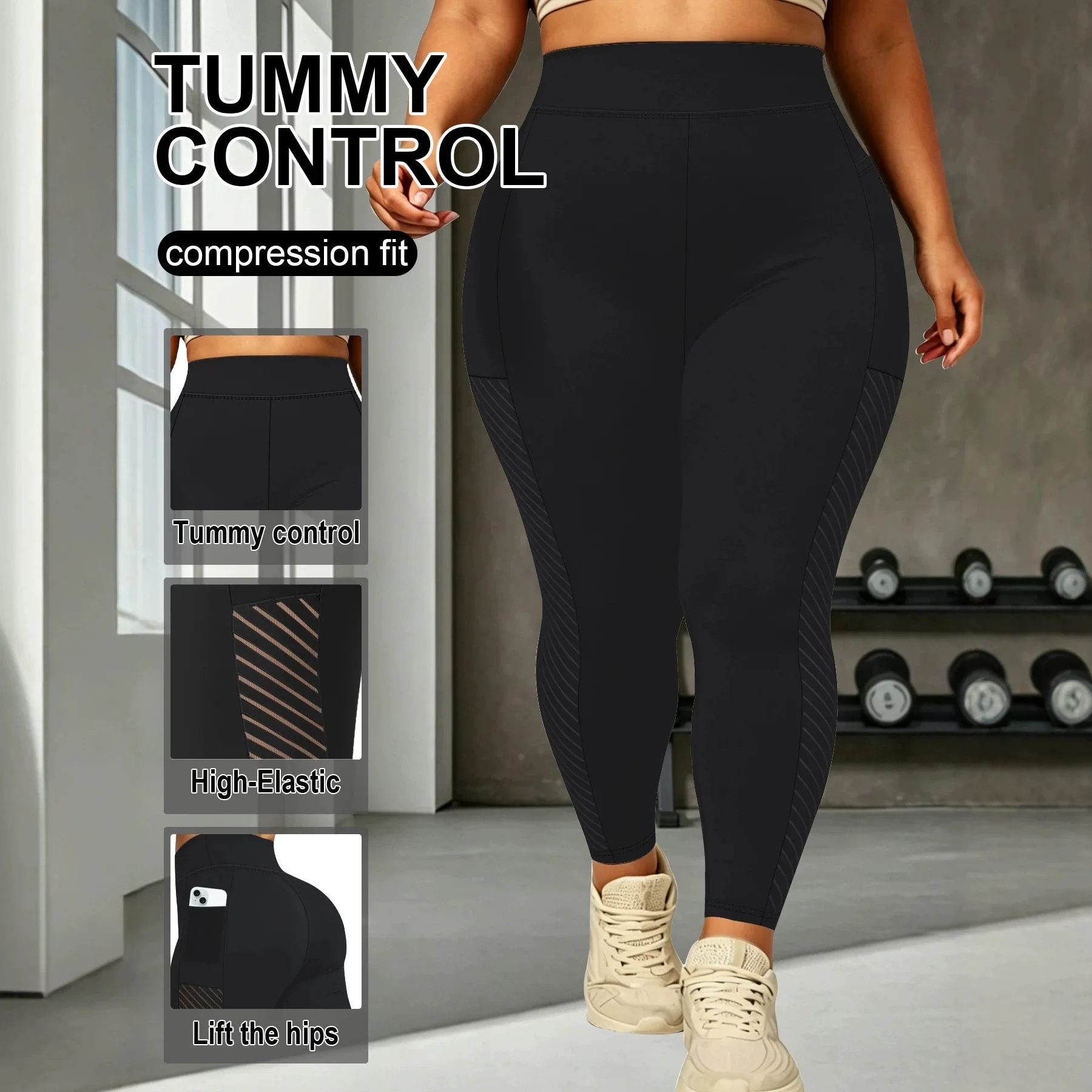 Plus Size Women High Waist 9/10 Yoga Leggings With Side Pocket Mesh Panel Butt Lifting 4 Way Stretch Workout Sports Pants