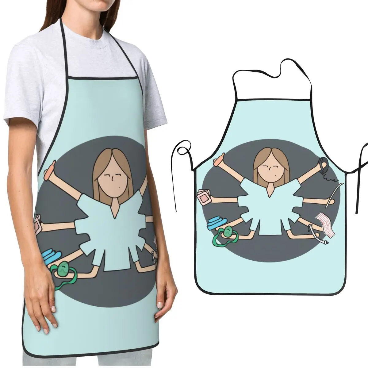 Enfermera En Apuros Cartoon Nurse Chef Apron Oil & Water Resistant Adjustable Cooking BBQ Grilling Aprons for Men Women Chef