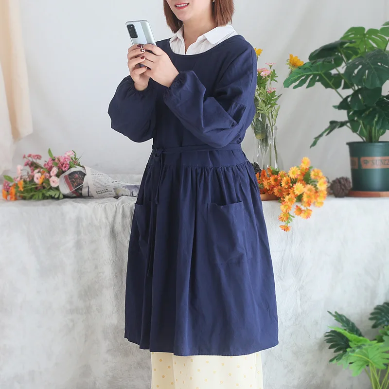 Babador de cozinha feminino japonês e coreano, totalmente de algodão, à prova d'água, manga comprida, molho reverso, com cintura, para emagrecimento