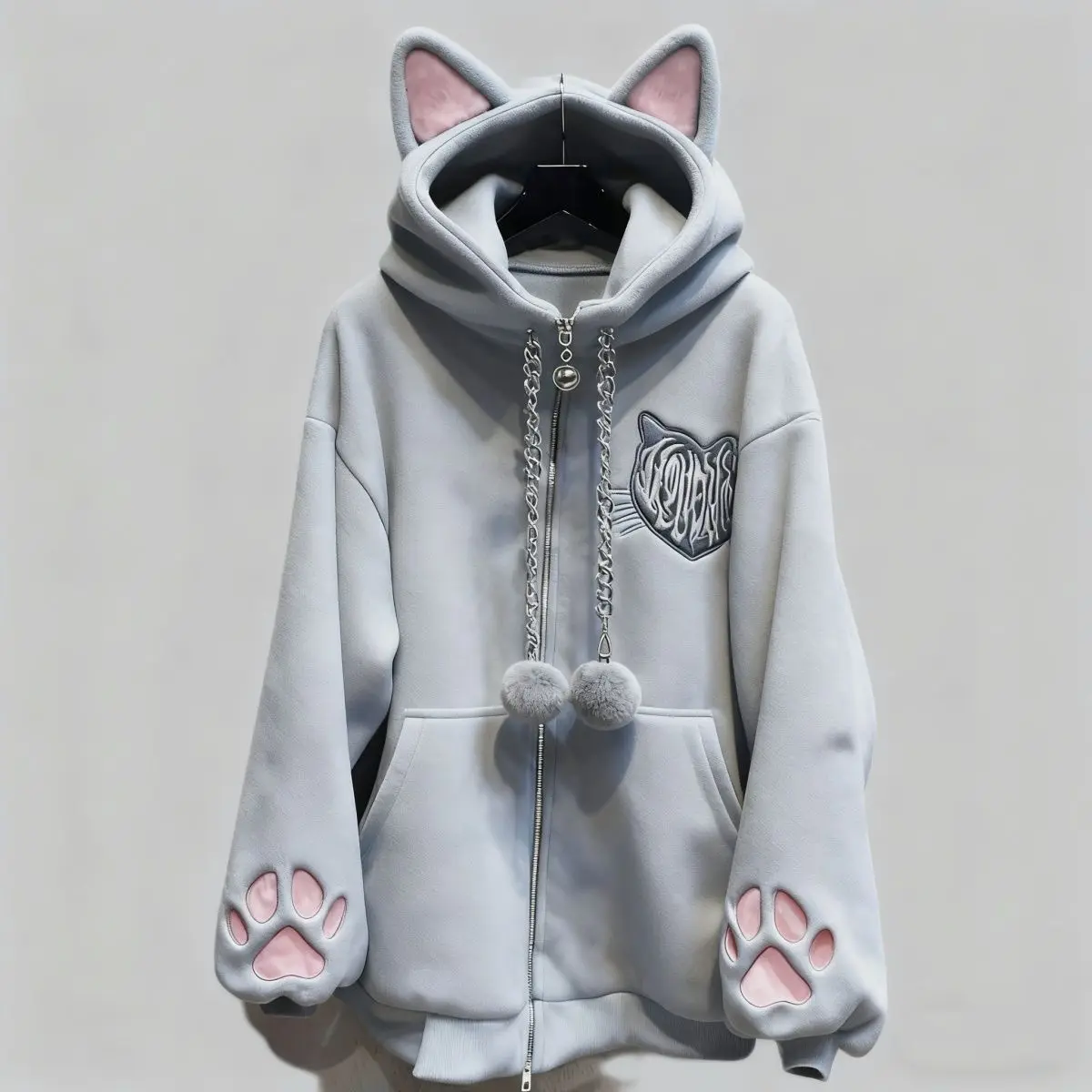 Autumn and Winter Girls' Warm Fleece Lined Thick Subculture Cute Cat Ear Hooded Cat Paw Long Sleeve Coat