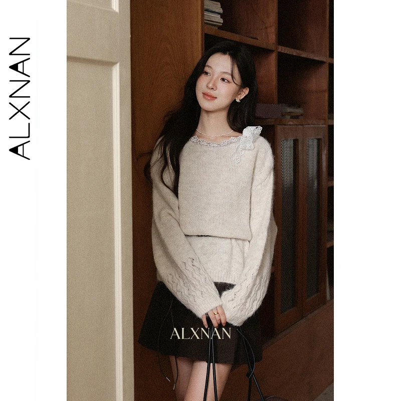 

ALXNAN женский свитер, кружевные полые шерстяные вязаные свитера с длинными рукавами, осень-зима 2022, модный пуловер свободного покроя L57633
