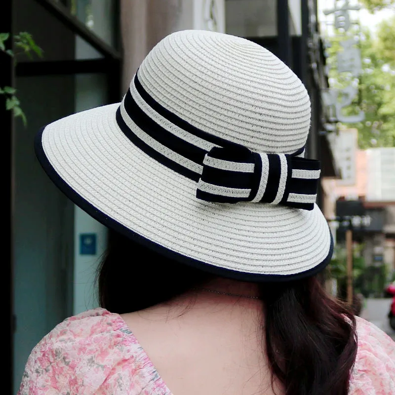 Sun hat for women in summer, fashionable sun protection, bow shaped sun hat, foldable straw woven large brim beach hat for outdo