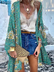 ZANZEA kadınlar hırka yaz açık ön Bohemian çiçek baskılı bluz Kimono rahat gevşek plaj üstleri Vintage uzun kollu Blusas