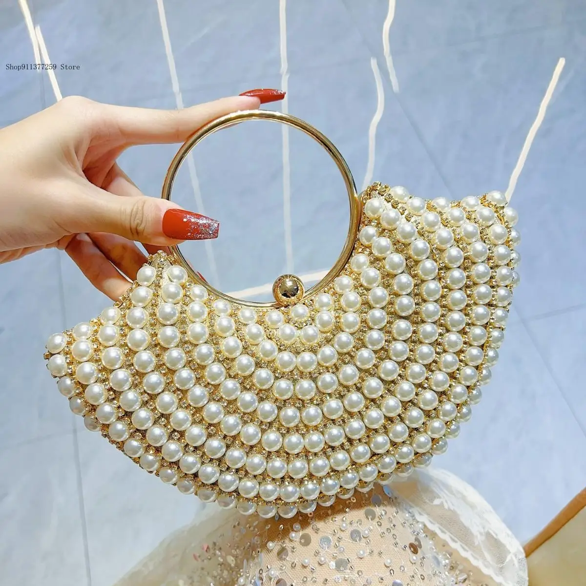 Pearl Inlay Wedding Handbag Lady Chain Shoulder Bag Clutch Purse Luxurious Design Sparkling Banquet Clutch Bag