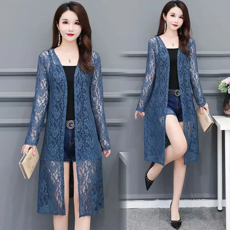 Elegant Knitted Lace Cardigan Women Long Sweater Solid Cardigan 2024 Autumn Winter Crochet Loose Office Lady Long Coat